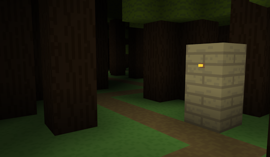 example 3d space with sky, grass blocks, and stone bricks