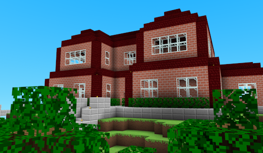 example 3d space with sky, grass blocks, and stone bricks