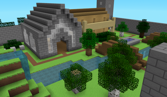 example 3d space with sky, grass blocks, and stone bricks