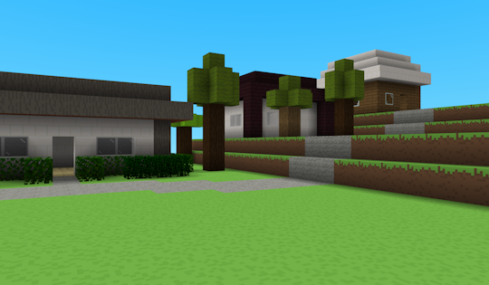 example 3d space with sky, grass blocks, and stone bricks