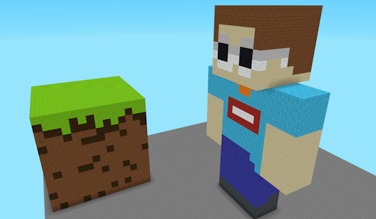example 3d space with sky, grass blocks, and stone bricks