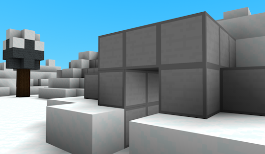 example 3d space with sky, grass blocks, and stone bricks